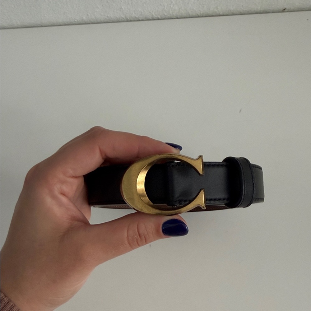 Coach Black Leather Belt with Gold C Buckle — Like New